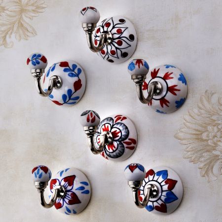 6 Pieces Decorative Multicolor Floral Ceramic Round Wall Hooks